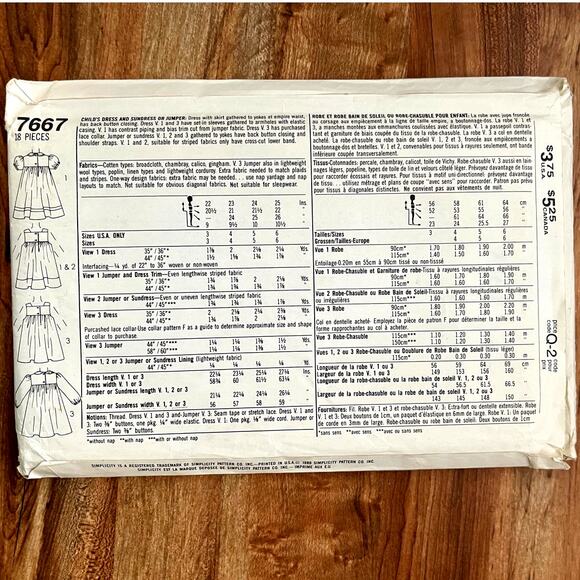 UNCUT Vintage 1980s Simplicity 7667 Sewing Pattern Girls Size 6 Sundress Jumper - Picture 2 of 2